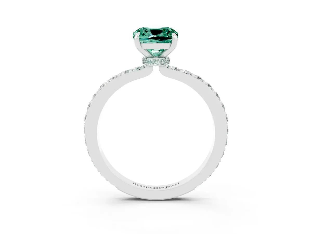Cushion Cut Green Sapphire Solitaire Engagement Ring with Pavé Band and Four-Prong Setting White gold