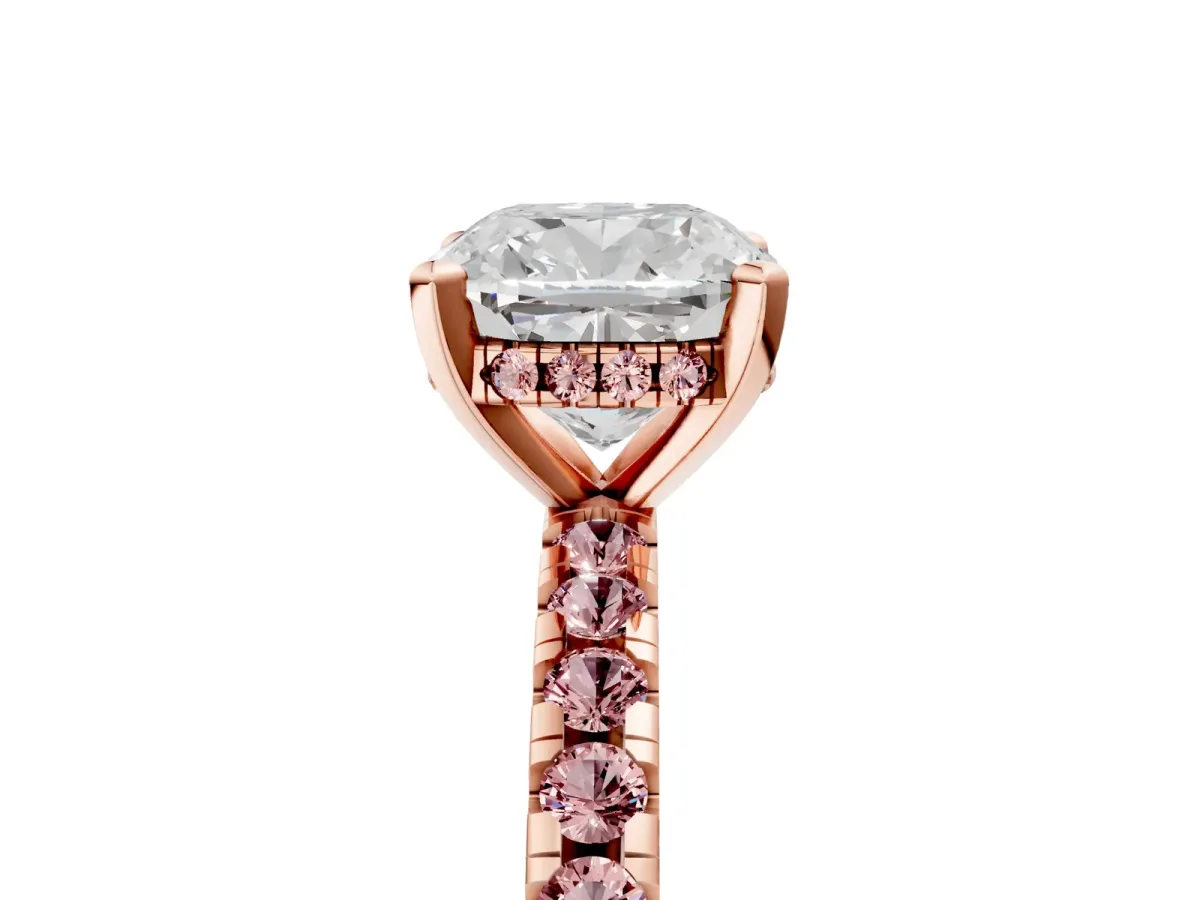 Cushion Cut Diamond Solitaire Ring with Round Morganite Pavé Band and Four-Prong Setting Rose gold