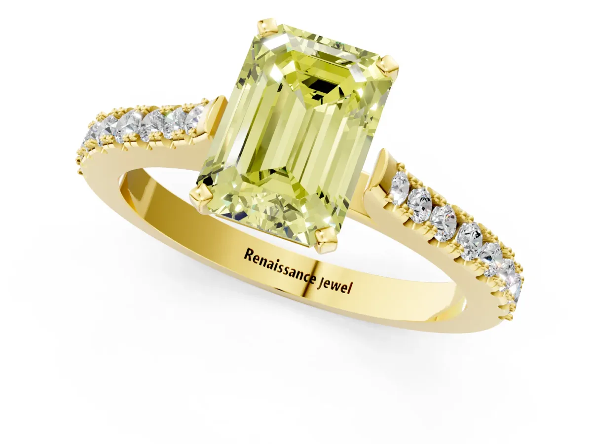 Fancy Yellow Emerald Cut Cut Solitaire Diamond Engagement Ring with Pave Band and Four-Prong Setting Yellow gold