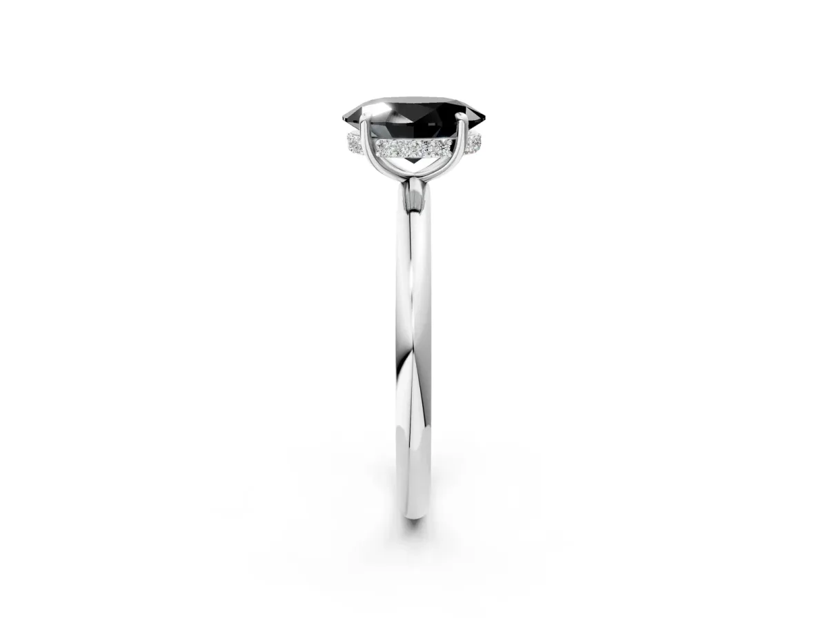Fancy Black Oval Cut Diamond Solitaire Ring with Thin Band and Four-Prong Setting White gold