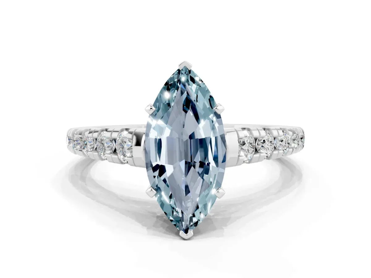 Marquise Cut Aquamarine Cathedral Solitaire Ring with Round Pavé Band White gold