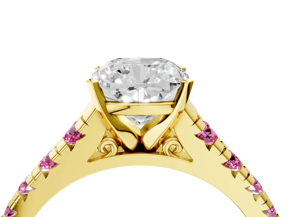 Cushion Cut Diamond Cathedral Solitaire Ring with Round Pink Sapphire Pavé Band Yellow gold