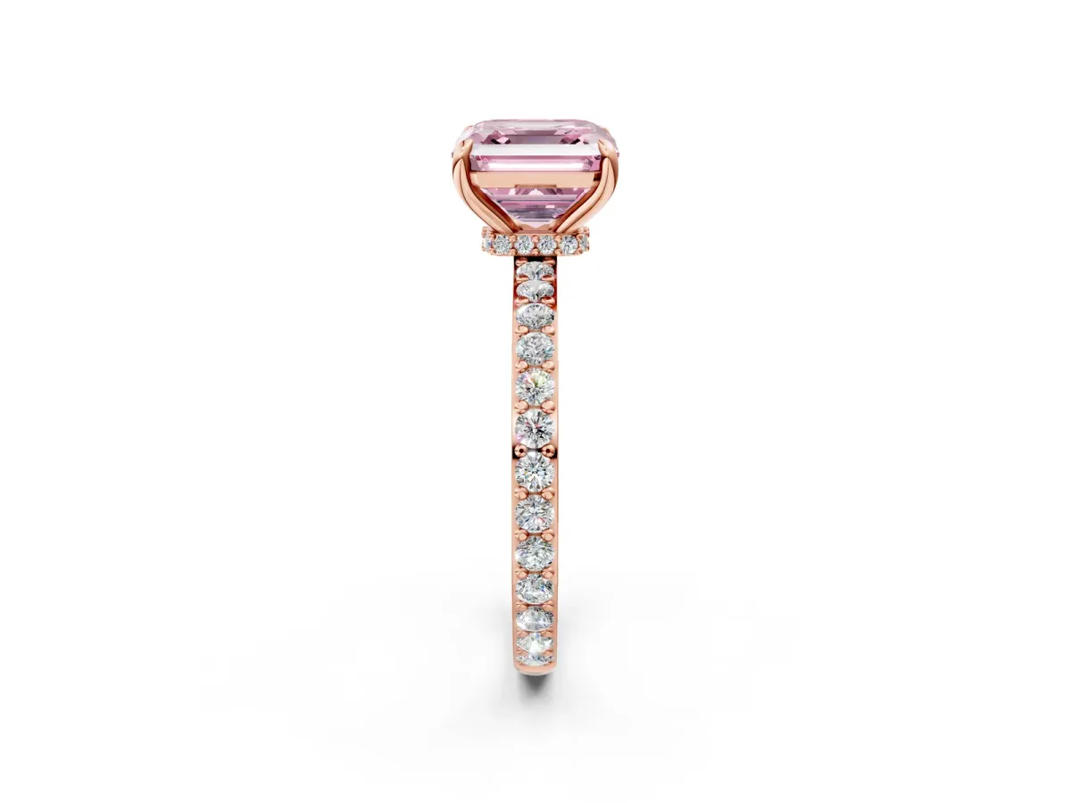 Fancy Pink Asscher Cut Diamond Solitaire Engagement Ring with Pavé Band and Four-Prong Setting Rose gold