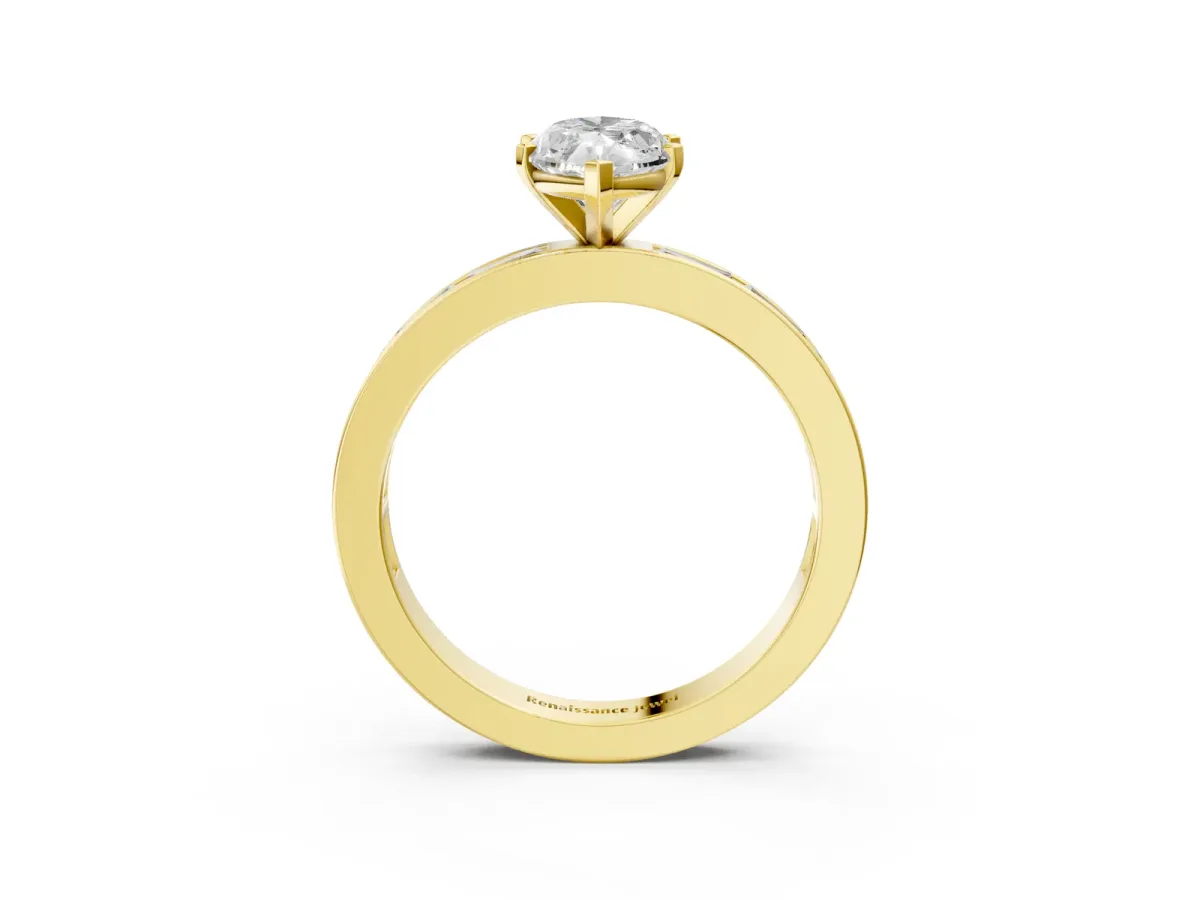 Marquise Cut Solitaire Diamond Ring with Channel-Set Baguette Band and Four-Prong Setting Yellow gold