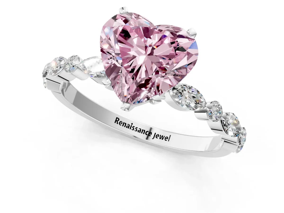 Fancy Pink Heart Cut Diamond Ring with Marquise and Round Side Stones and Four-Prong Setting White gold