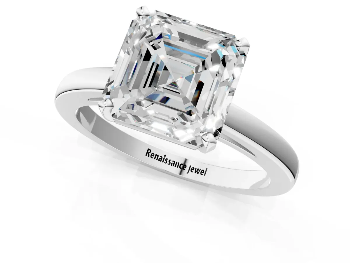 Asscher Cut Solitaire Diamond Engagement Ring with Four-Prong Setting on a Classic Band Platinum