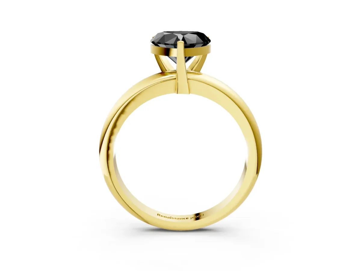 Fancy Black Heart Cut Diamond Solitaire Engagement Ring with Round Band and Four-Prong Setting Yellow gold