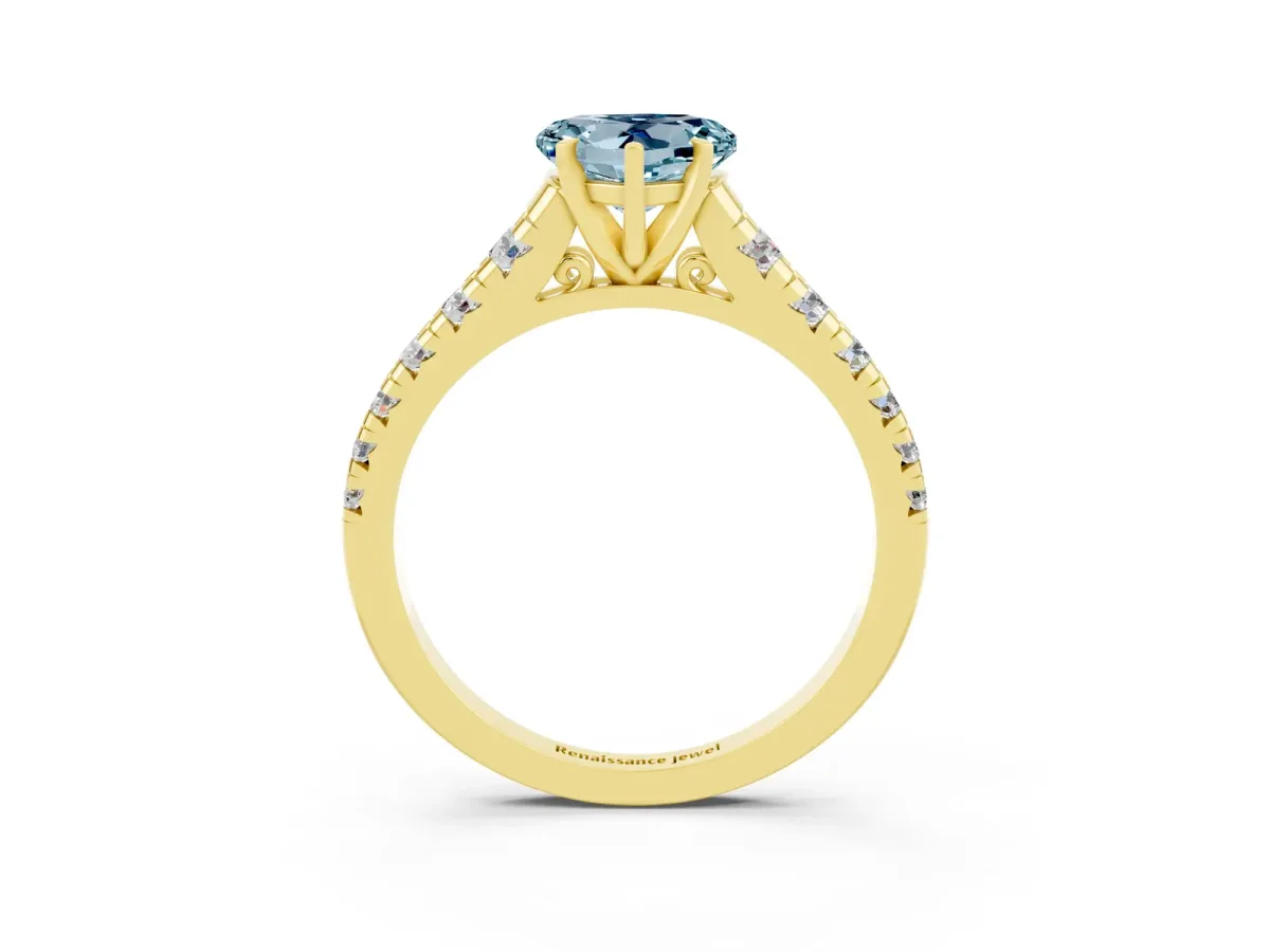 Heart Cut Aquamarine Cathedral Solitaire Ring with Round Pavé Band Yellow gold