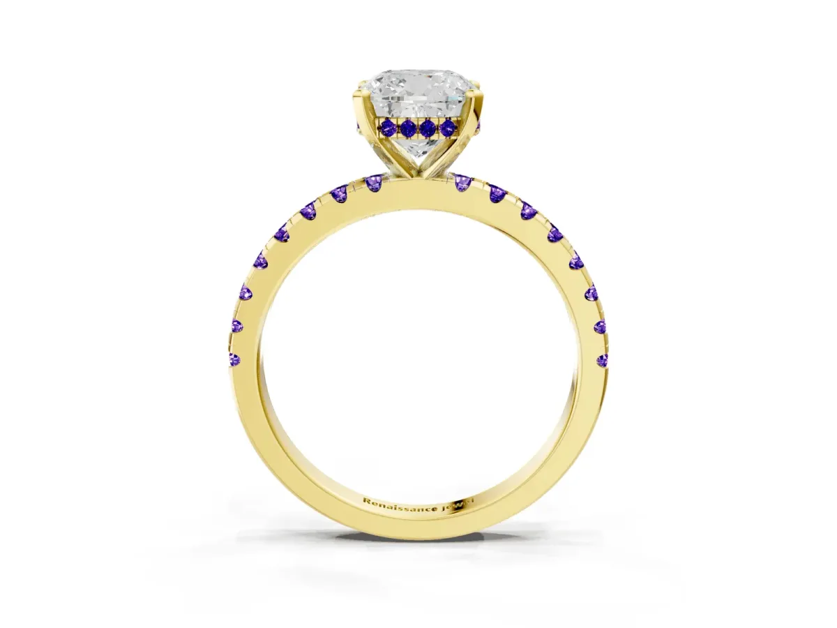 Cushion Cut Diamond Solitaire Ring with Round Tanzanite Pavé Band and Four-Prong Setting Yellow gold