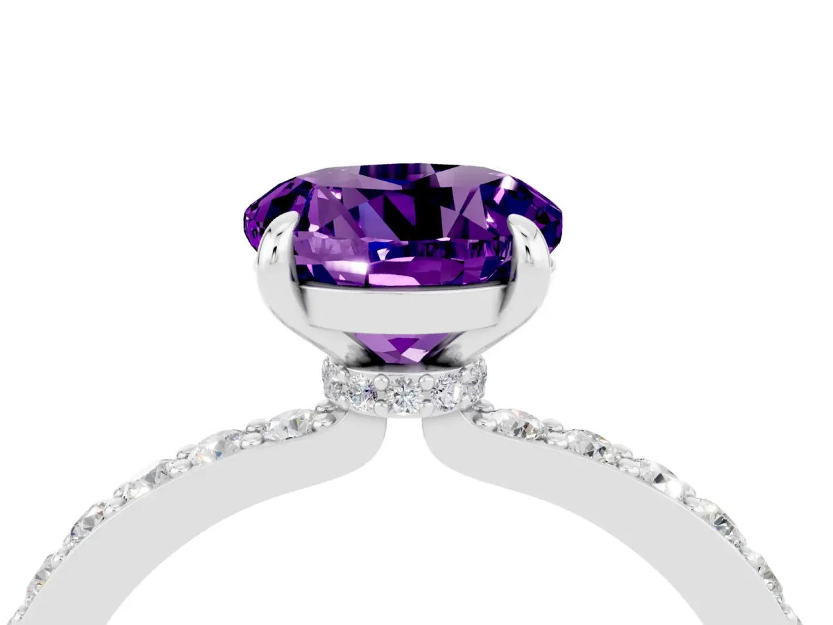 Round Cut Amethyst Solitaire Engagement Ring with Pavé Band and Four-Prong Setting Silver