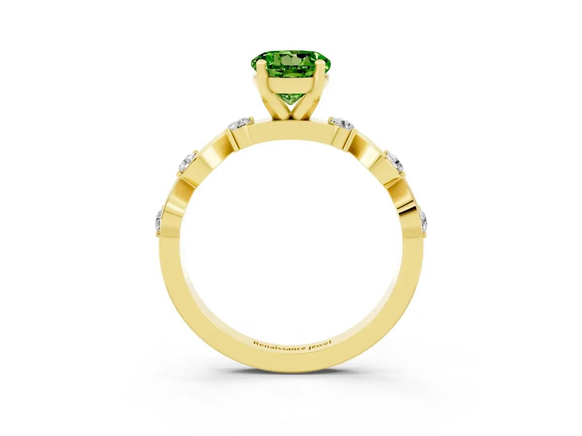 Round Cut Peridot Solitaire Twisted Band with Round Accents and Prong Setting Yellow gold