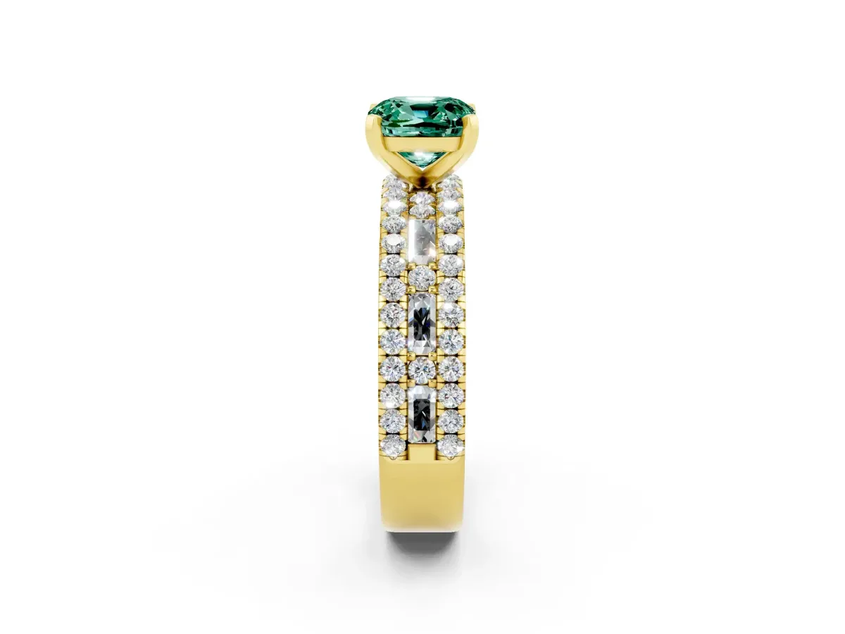 Cushion Cut Green Sapphire Solitaire Ring with Pavé and Channel Set Band Yellow gold