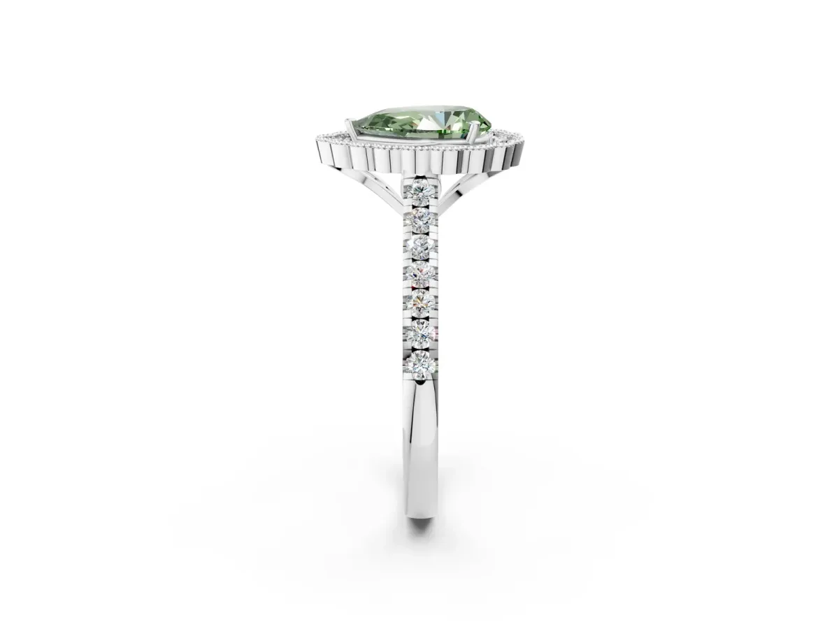 Fancy Green Pear Cut Cut Diamond Milgrain Floral Halo Engagement Ring with Pavé Band Silver
