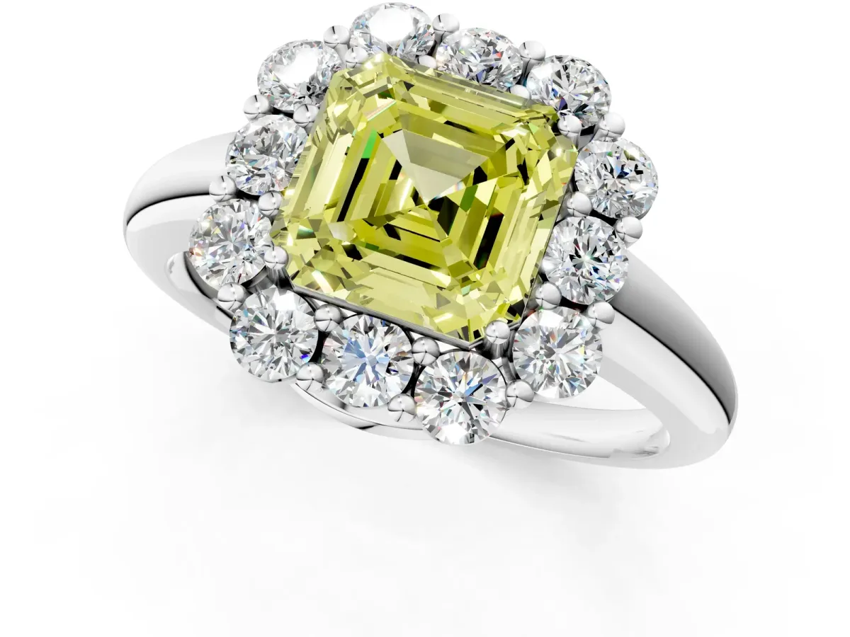 Fancy Yellow Asscher Cut Halo Milgrain Solitaire with Bezel Set Side Stones and Pave Band Platinum