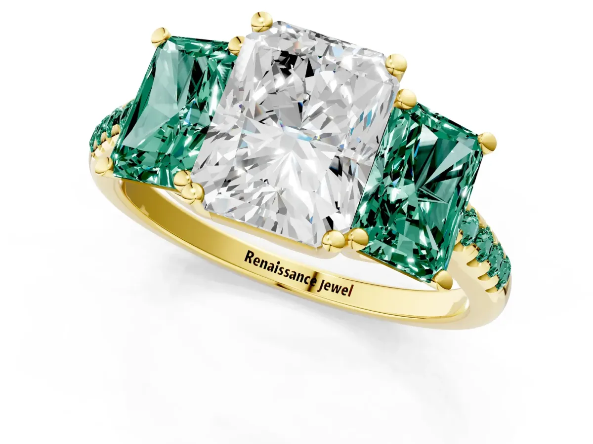 Three-Stone Radiant Cut Diamond Ring with Round Green Sapphire Pavé Band and Prong Setting Yellow gold