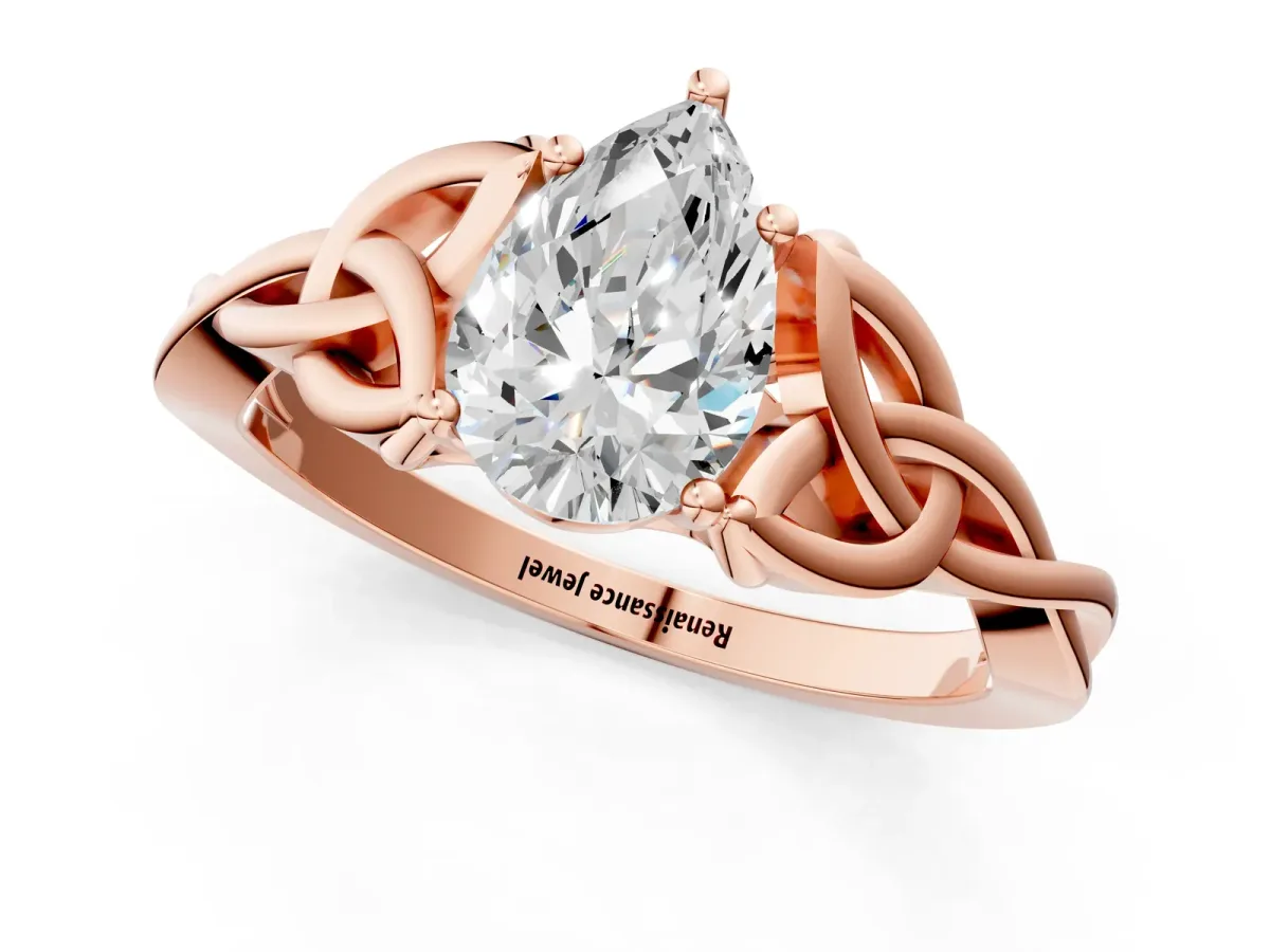 Pear Cut Diamond Solitaire Celtic Knot Ring with Four-Prong Setting Rose gold