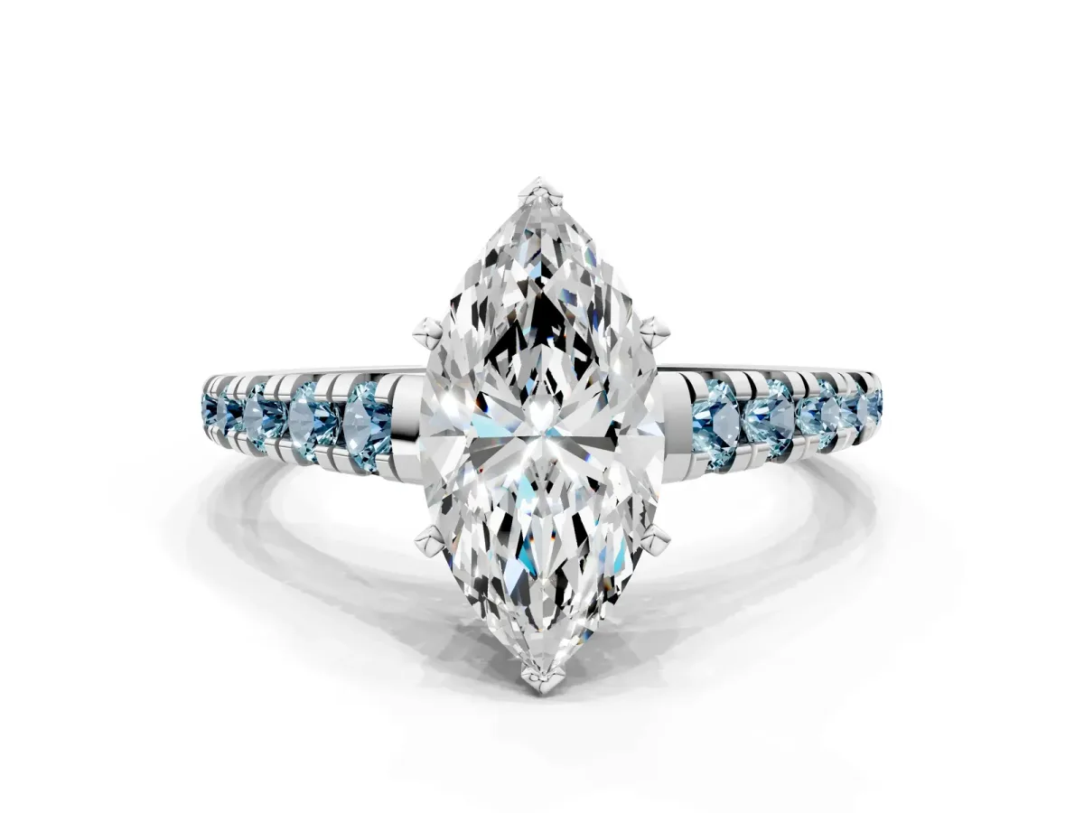 Marquise Cut Diamond Cathedral Solitaire Ring with Round Aquamarine Pavé Band White gold