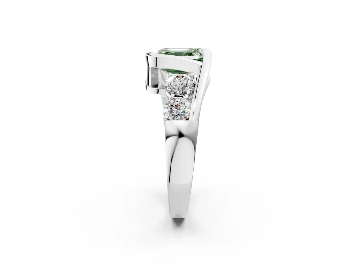 Fancy Green Bezel Set Asscher Cut Diamond Bypass Ring with Round Accents Platinum