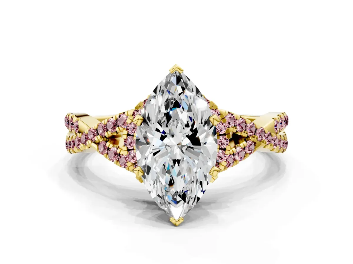 Heart Cut Diamond Morganite Halo Twist Band Solitaire Prong Setting Ring Yellow gold