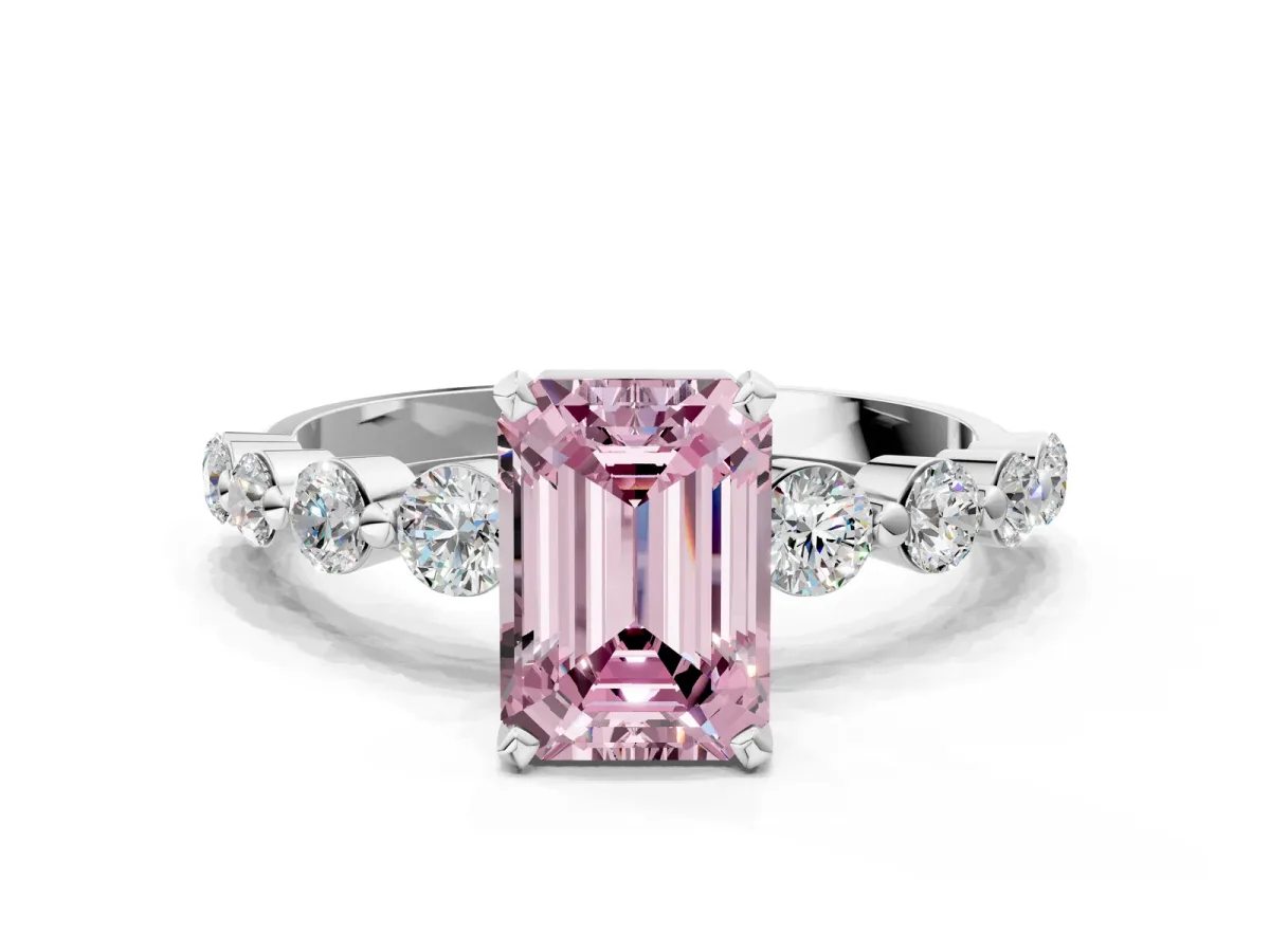 Fancy Pink Emerald Cut Solitaire Diamond Ring with Pave Band and Four-Prong Setting Silver