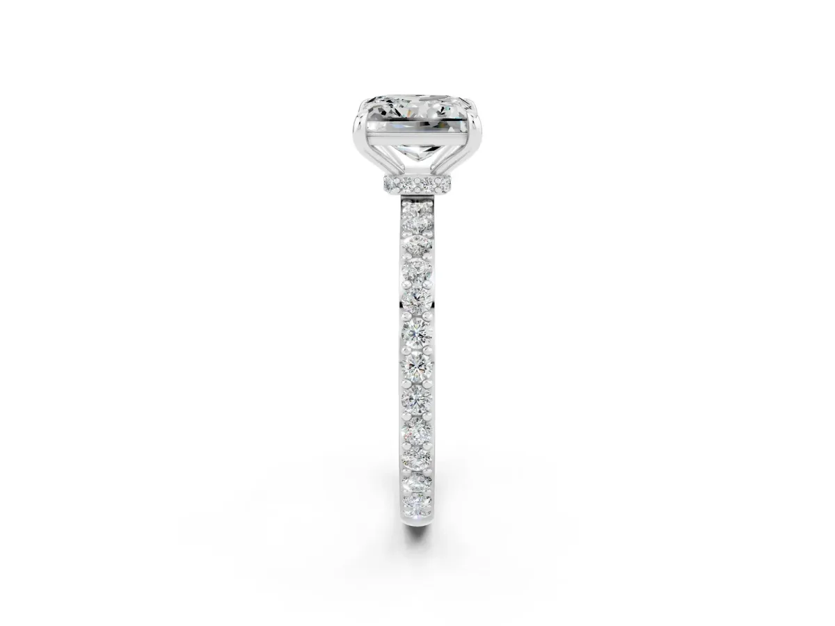 Princess Cut Moissanite Solitaire Engagement Ring with Pavé Band and Four-Prong Setting White gold