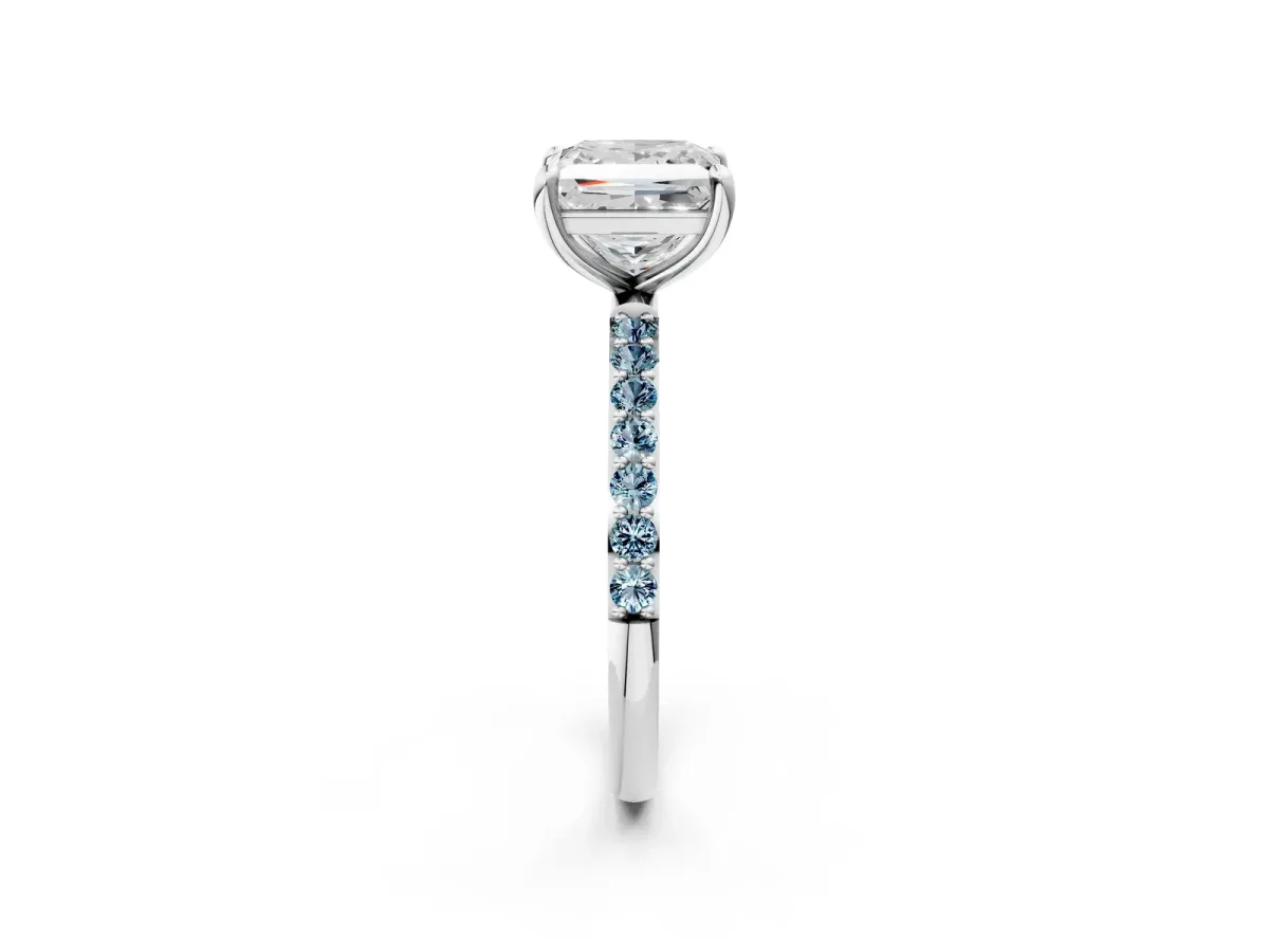 Princess Cut Diamond Solitaire Ring with Round Aquamarine Pavé Band and Prong Setting White gold