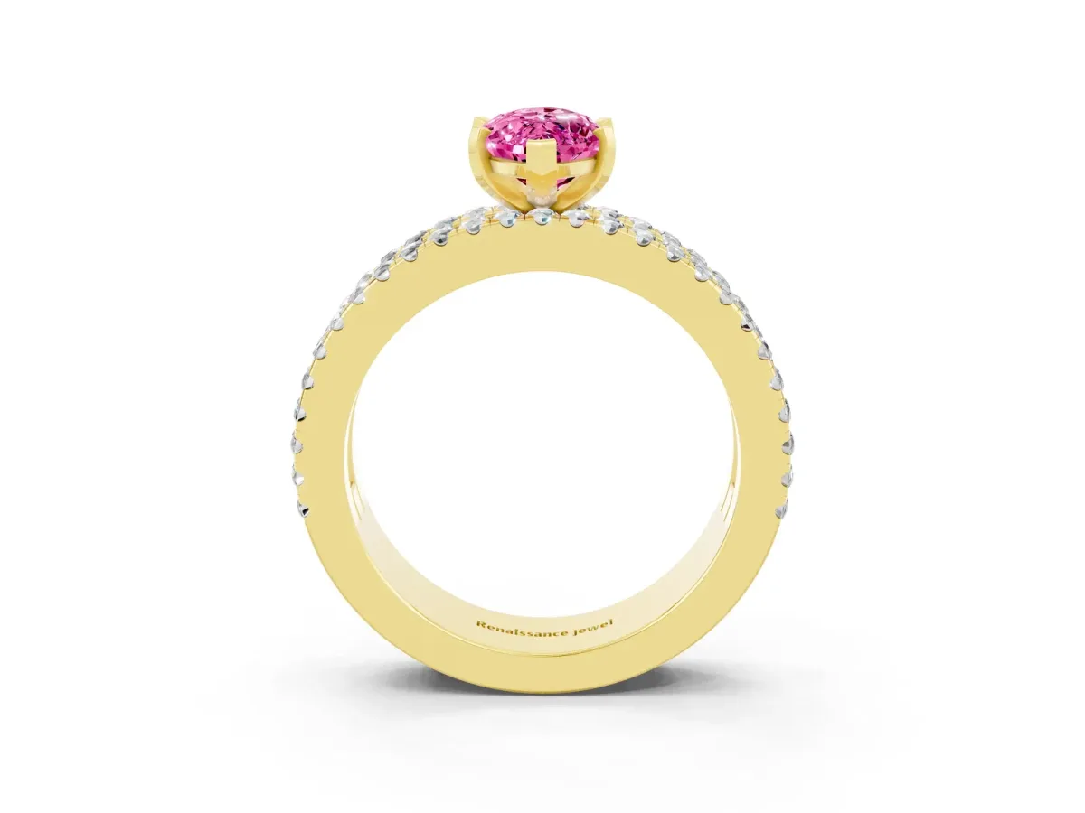 Marquise Cut Pink Sapphire Solitaire Ring with Pavé and Channel Set Band Yellow gold