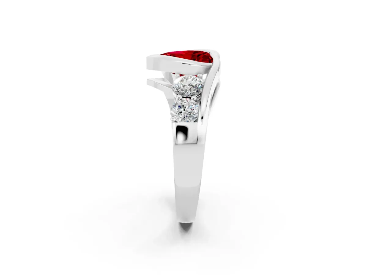 Bezel Set Heart Cut Ruby Bypass Ring with Round Accents Silver