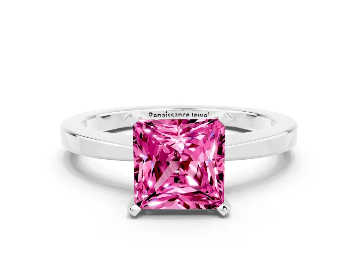 Princess Cut Pink Sapphire Solitaire Engagement Ring with Classic Band and Four-Prong Setting White gold