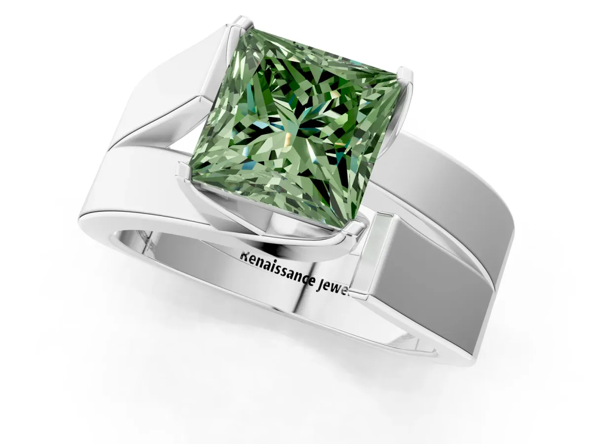 Fancy Green Modern Tension Set Princess Cut Diamond Solitaire Wide Band Ring Silver