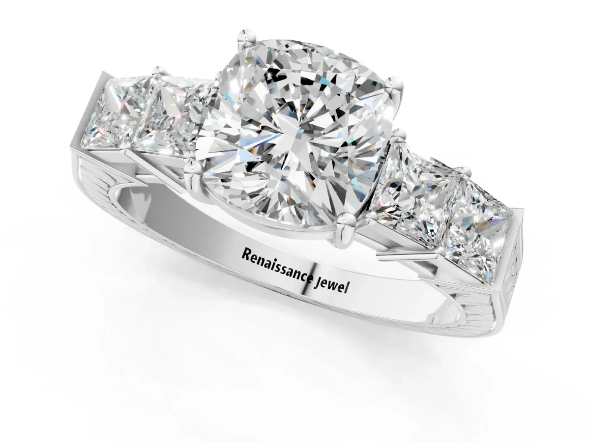 Cushion Cut Solitaire Princess Side Stone Engraved Band Prong Setting Ring Platinum