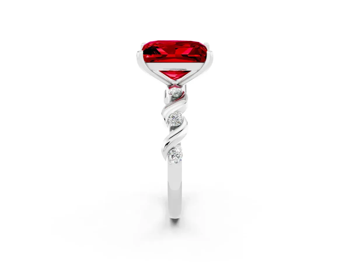Princess Cut Ruby Solitaire Twisted Band with Round Accents and Prong Setting White gold