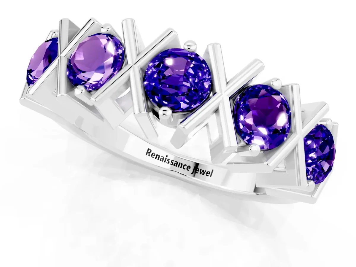 Round Tanzanite Channel Set Band with X-Prong Detail White gold