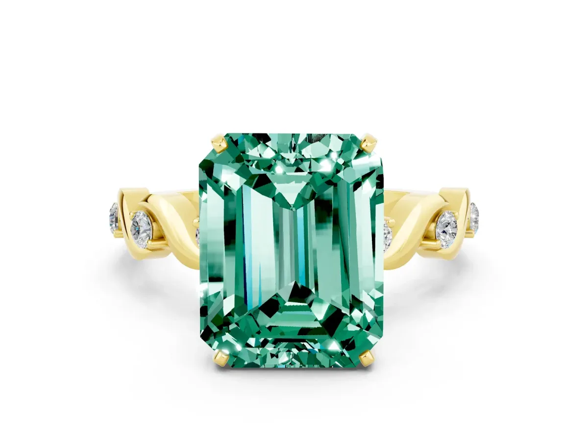 Emerald Cut Green Sapphire Solitaire Twisted Band with Round Accents and Prong Setting Yellow gold