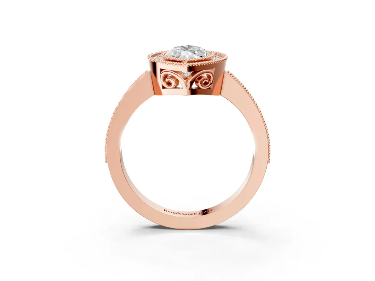 Marquise Cut Cut Halo Diamond Ring with Pavé Band and Milgrain Prong Setting Rose gold