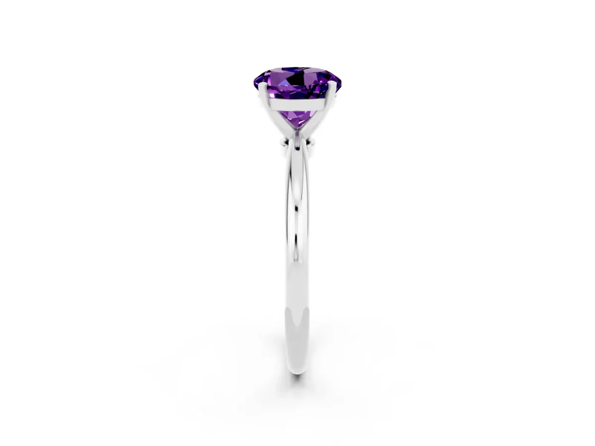 Round Cut Amethyst Solitaire Ring with Six-Prong Setting and Classic Band Platinum