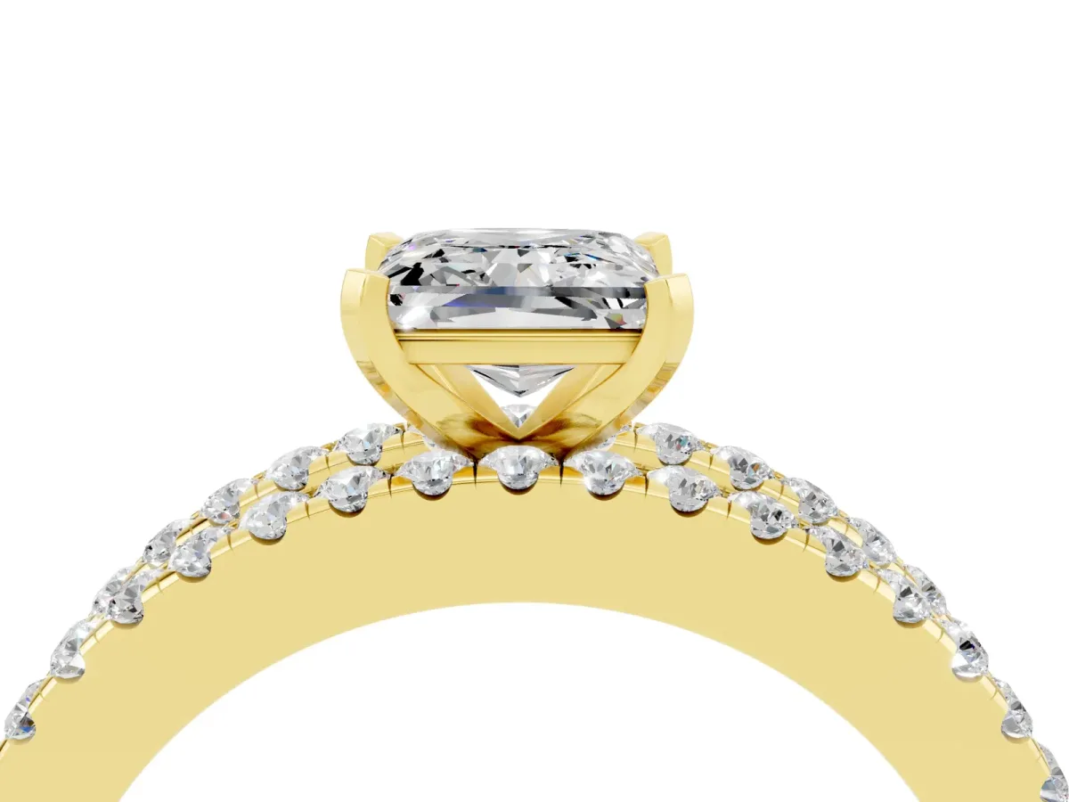 Princess Cut Moissanite Solitaire Ring with Pavé and Channel Set Band Yellow gold