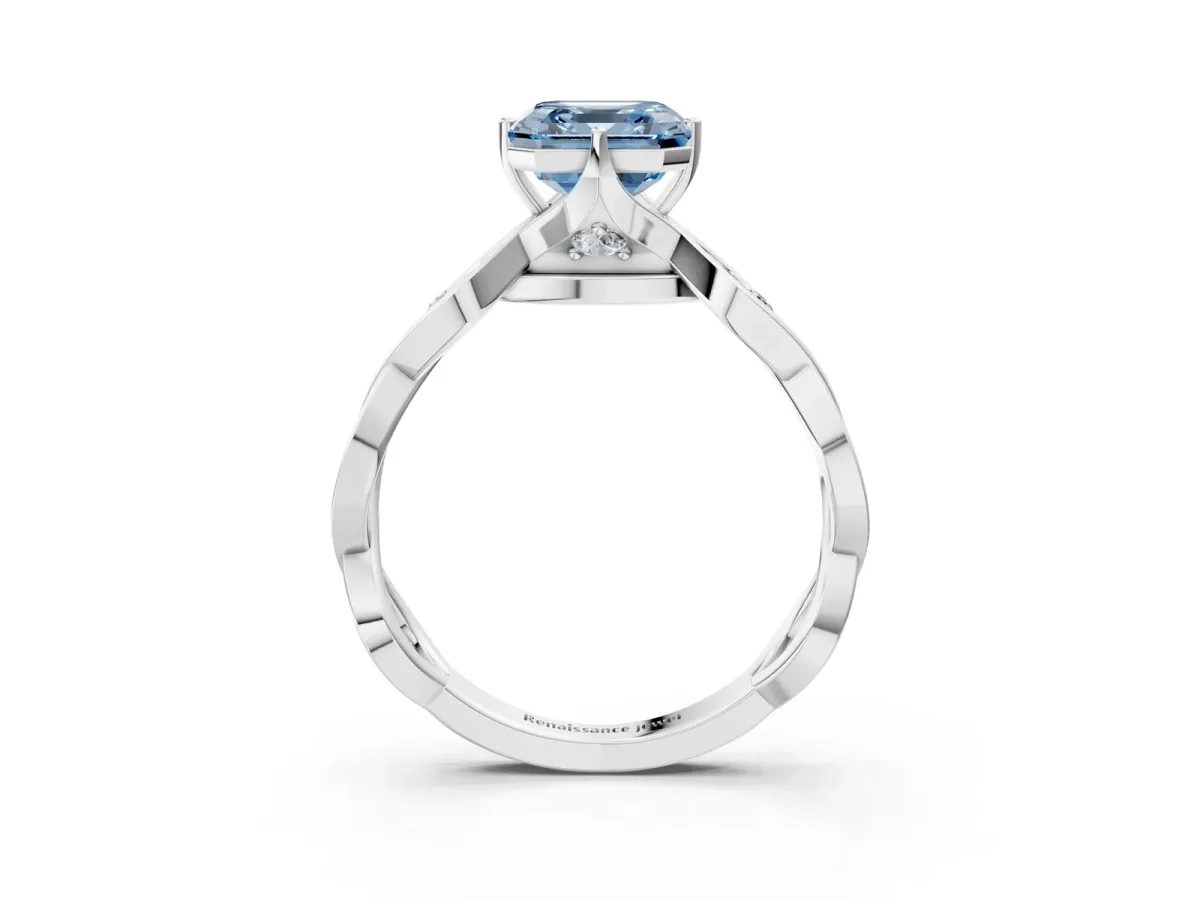 Fancy Blue Asscher Cut Solitaire Twist Band with Leaf Prong Setting Platinum