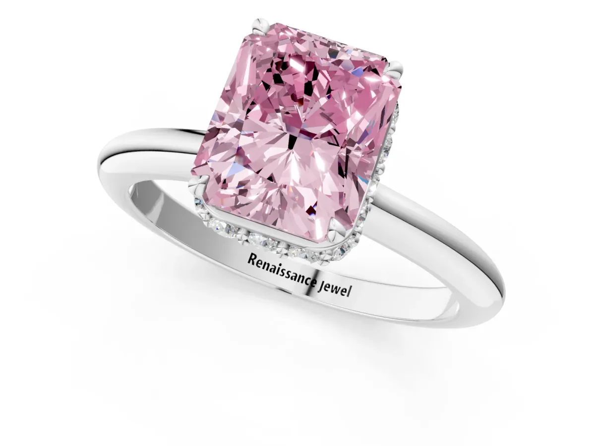 Fancy Pink Radiant Cut Brilliant Solitaire Engagement Ring with Six-Prong Setting and Classic Band Platinum