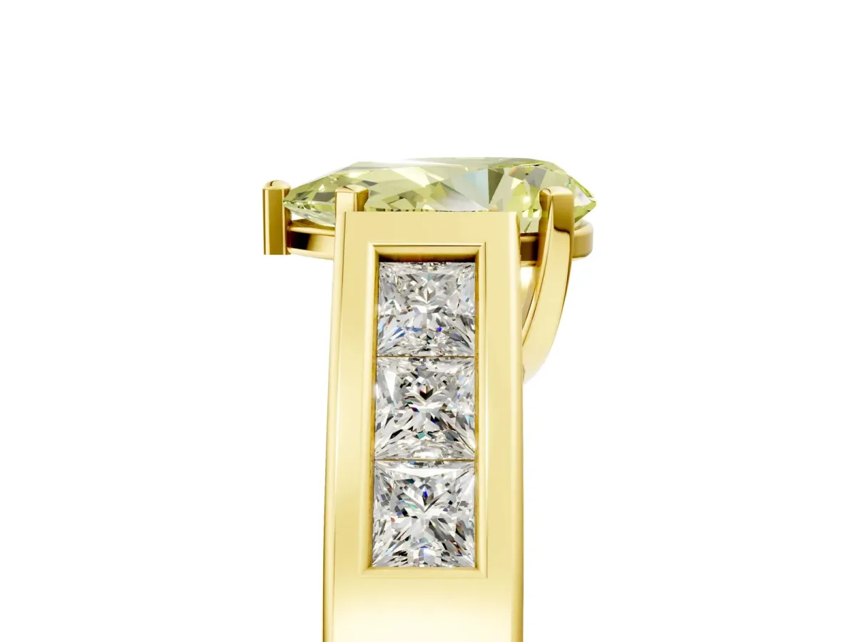Fancy Yellow Pear Cut Cut Channel Set Solitaire Ring with Four-Prong Setting Yellow gold