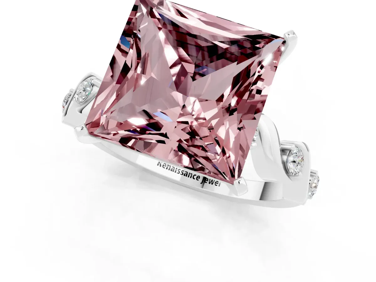 Princess Cut Morganite Solitaire Twisted Band with Round Accents and Prong Setting White gold