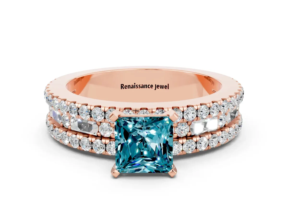 Princess Cut Blue Topaz Solitaire Ring with Pavé and Channel Set Band Rose gold