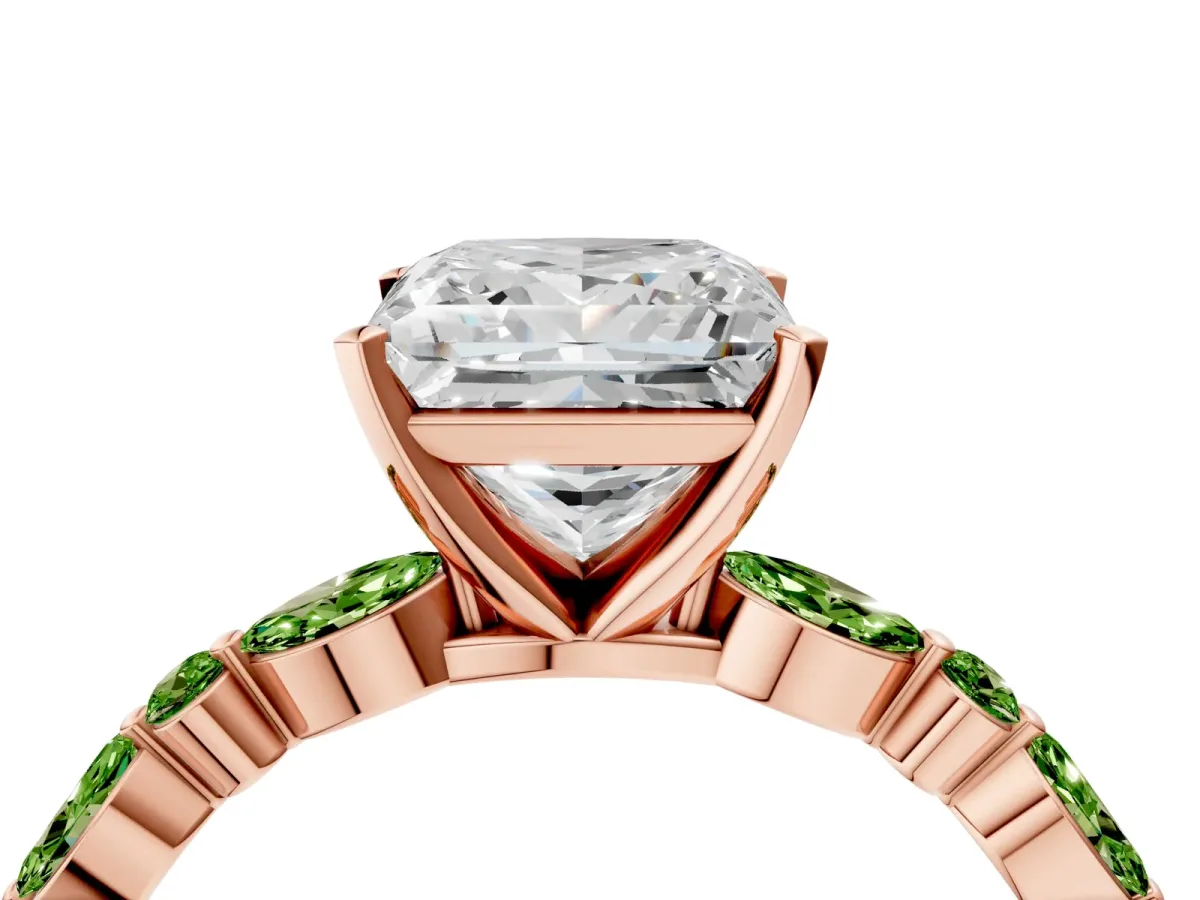 Princess Cut Diamond Ring with Marquise and Round Peridot Side Stones and Four-Prong Setting Rose gold