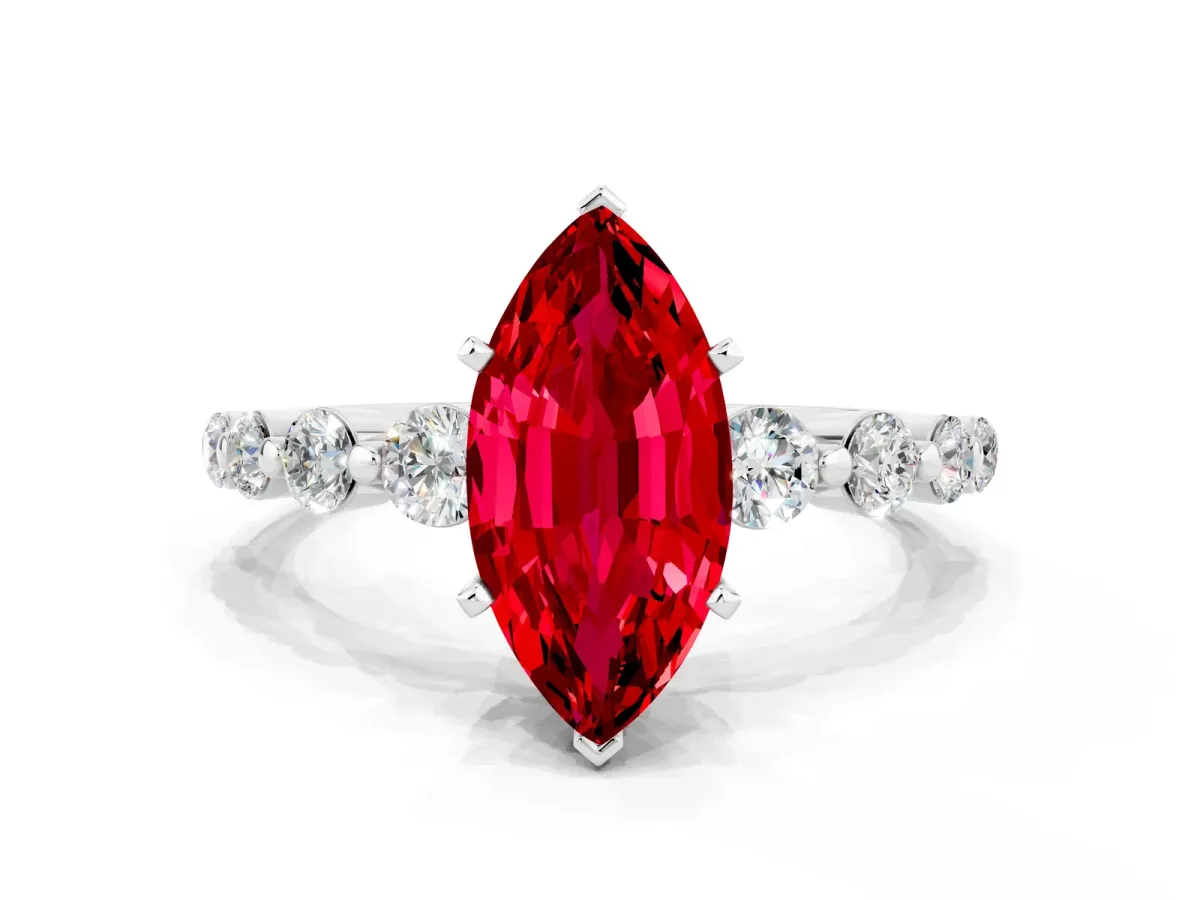 Marquise Cut Solitaire Ruby Ring with Pave Band and Four-Prong Setting Platinum