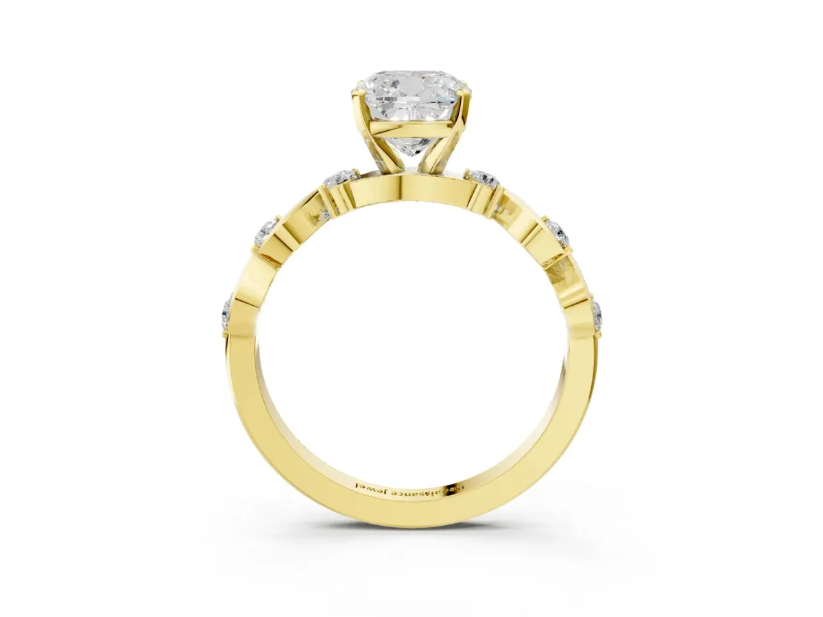 Cushion Cut Diamond Solitaire Twisted Band with Round Accents and Prong Setting Yellow gold