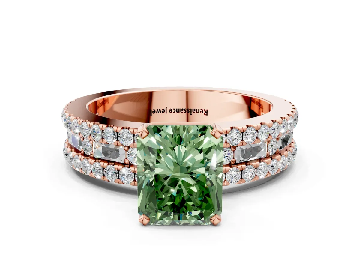 Fancy Green Radiant Cut Diamond Solitaire Ring with Pavé and Channel Set Band Rose gold