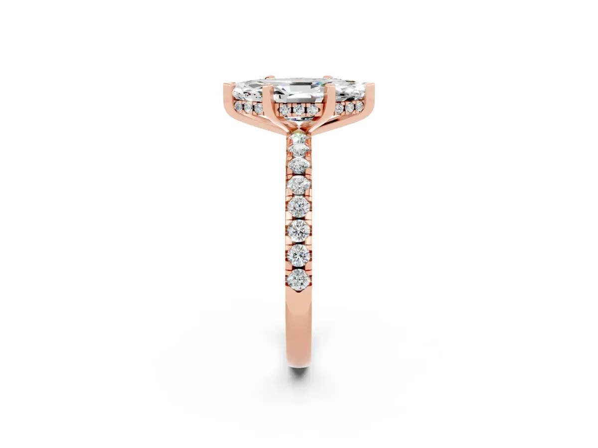 Marquise Cut Moissanite Solitaire Ring with Round Pavé Band and Four-Prong Setting Rose gold