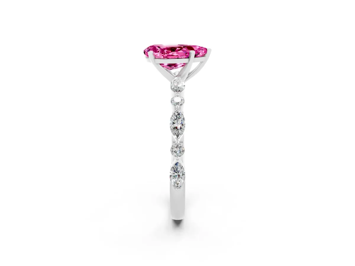 Pear Cut Pink Sapphire Ring with Marquise and Round Side Stones and Four-Prong Setting White gold