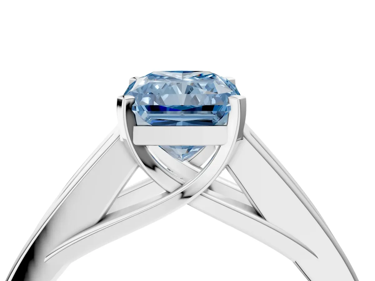 Fancy Blue Radiant Cut Cut Channel Set Solitaire Ring with Four-Prong Setting White gold