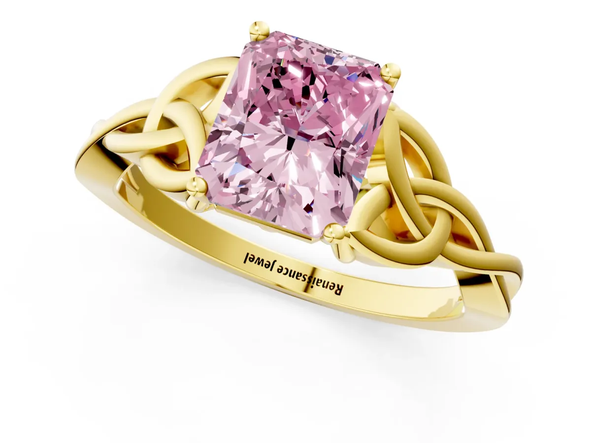 Fancy Pink Radiant Cut Diamond Solitaire Engagement Ring with Celtic Knot Band and Four-Prong Setting Yellow gold